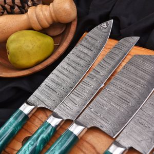 7pc Damascus Steel Knife with Resin Handle and Leather Bag