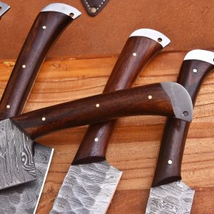 5pc Damascus Steel Knife with Natural Wood Handle and Leather Bag